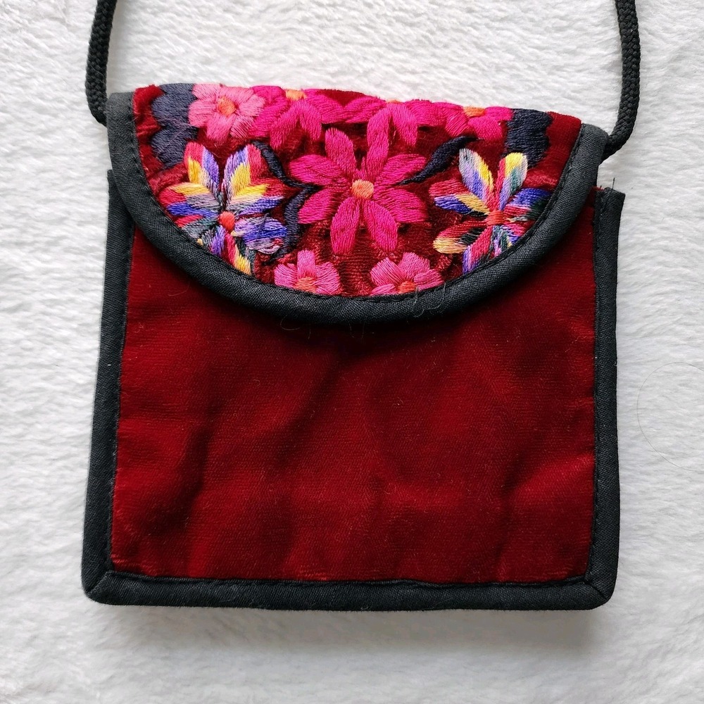 Velvet Purse Bag Hand Made Huipil Wallet‎ Small Cross Body Embroidery Burgandy